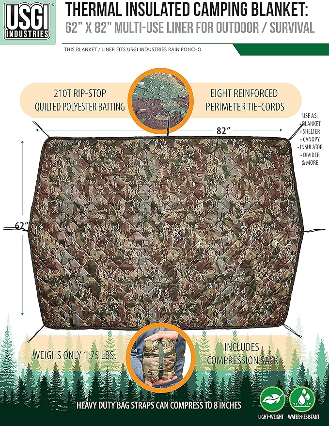 USGI Industries Military Woobie Blanket | Thermal Insulated Camping Blanket, Poncho Liner | Large, Portable, Insulation, Water-Resistant, for Hiking, Survival | Compression Carry Bag