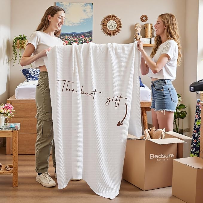 Bedsure Gentlesoft 100% Cotton Blanket Twin XL Size for College Dorm - Breathable and Soft, Waffle Weave Twin Blanket for Summer, Dorm Room Essentials, White, 66x90 inches