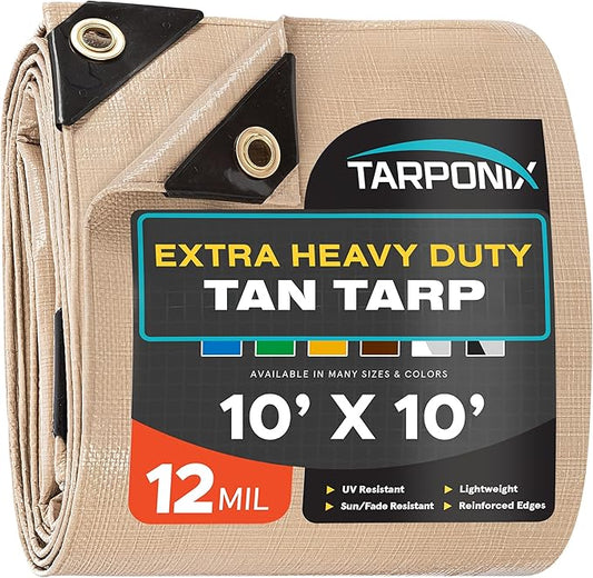 10' x 10' Extra Heavy-Duty Tan Poly Tarp – 12 Mil Thick, Waterproof, UV-Resistant Polyethylene with Reinforced Edges, Double-Stitched Hems, and Rustproof Grommets