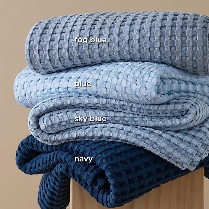 Bedsure Cooling Cotton Waffle Full Size Blanket - Lightweight Breathable Blanket of Rayon Derived from Bamboo for Hot Sleepers, Luxury Throws for Bed, Couch and Sofa, Fog Blue, 80x90 Inches