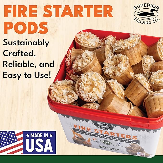 Superior Trading Fire Starter Pods in Plastic Bucket - Fire Starters for Campfires, BBQ, Grill, Pit, Wood Stove & Charcoal Starter, 15-20-Min Burn, 50 Extra Large Pods, USA Made, Brown, 3 Lbs