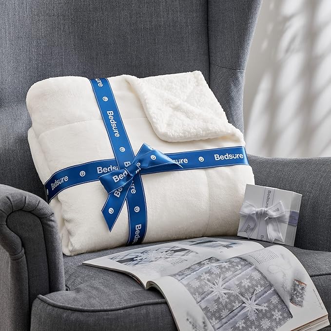 Bedsure GentleSoft Sherpa Fleece Blankets Queen Size for Bed - Thick and Warm, Soft Fuzzy Plush Queen Blanket for Winter, White, 90x90 Inches
