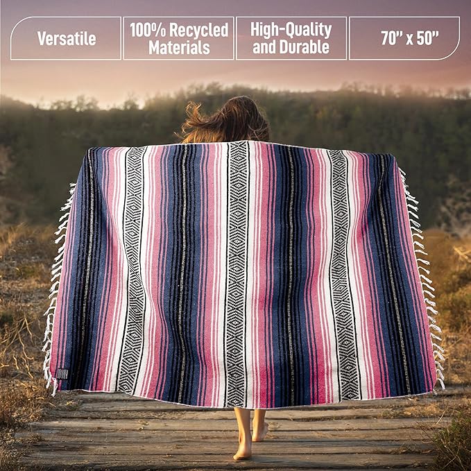Authentic Large Handwoven Mexican Blanket - Soft Yoga- Durable Serape- Lightweight Falsa, Beach, Camping, Picnic, Outdoor Blanket 70"x50" - Rose Pastel