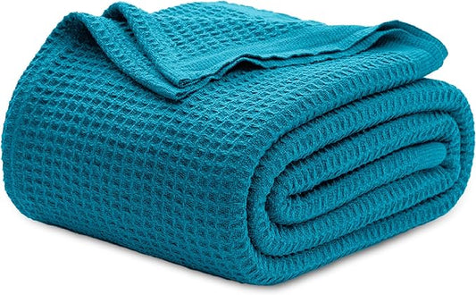 Bedsure Gentlesoft 100% Cotton Blanket King Size for Bed - Breathable and Soft, Waffle Weave Blanket for Summer, Thick Cozy Fall Blankets for Women Gift, Teal, 104x90 inches