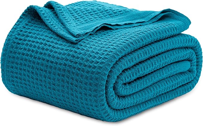 Bedsure Gentlesoft 100% Cotton Blanket Twin XL Size for College Dorm - Breathable and Soft, Waffle Weave Twin Blanket for Summer, Dorm Room Essentials, Teal, 66x90 inches