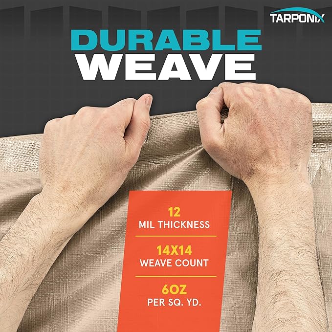12' x 16' Extra Heavy-Duty Tan Poly Tarp – 12 Mil Thick, Waterproof, UV-Resistant Polyethylene with Reinforced Edges, Double-Stitched Hems, and Rustproof Grommets