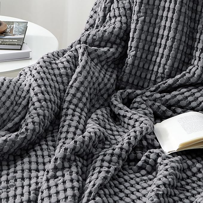 Bedsure Cooling Cotton Waffle Twin XL Blanket - Lightweight Breathable Blanket of Rayon Derived from Bamboo for Hot Sleepers, Luxury Throws for Bed, Couch and Sofa, Dark Grey, 66x90 Inches