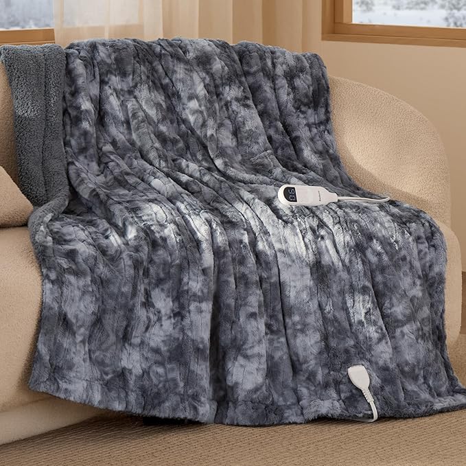 Bedsure Faux Fur Heated Blanket Throw Blanket, Fast Heating Electric Blanket with 6 Heating Levels & 4 Time Settings, Cozy Gifts for Women Men (50x60 inches, Grey)