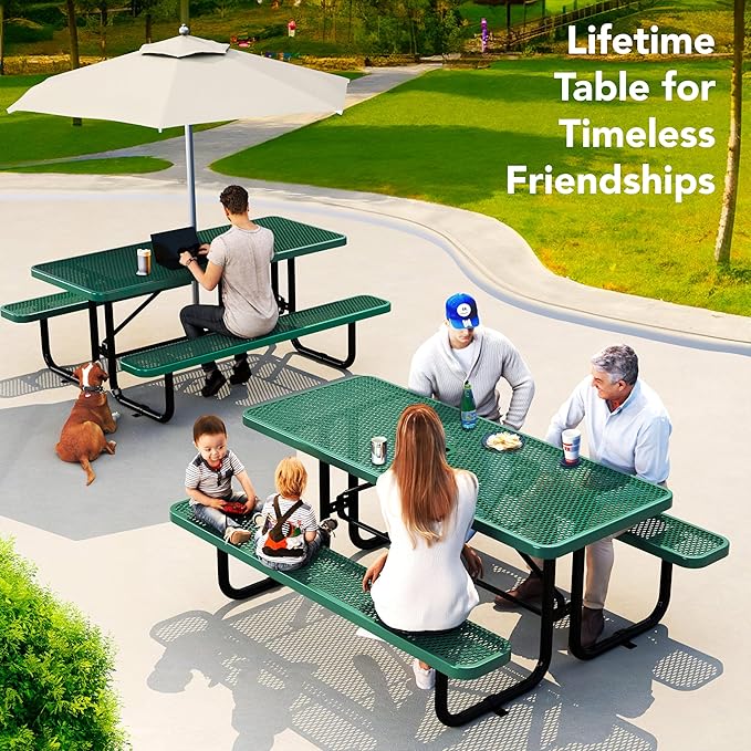 Metal Picnic Furniture for Outdoors with Umbrella Hole - Coated Steel Heavy Duty Commercial Grade Table with Adjustable Seats, Patio Set for a Lifetime (Green, 6' Rectangular)