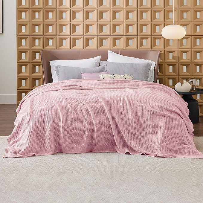 Bedsure Gentlesoft 100% Cotton Blanket King Size for Bed - Breathable and Soft, Waffle Weave Blanket for Summer, Thick Cozy Fall Blankets for Women Gift, Pink, 104x90 inches