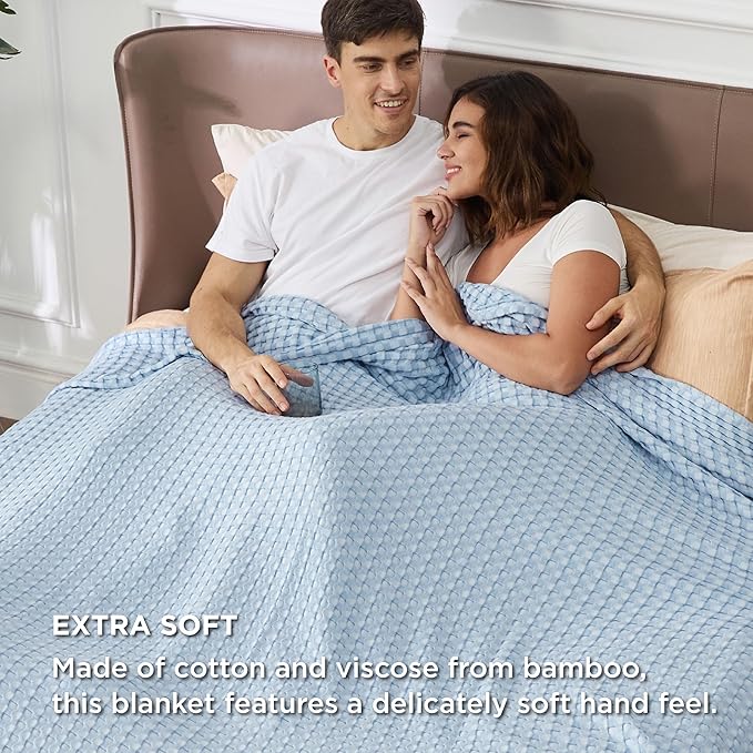 Bedsure Cooling Cotton Waffle Oversized King Blanket - Lightweight Breathable Rayon Derived from Bamboo for Hot Sleepers, Luxury Throws for Bed and Sofa, Blue, 120x96 Inches