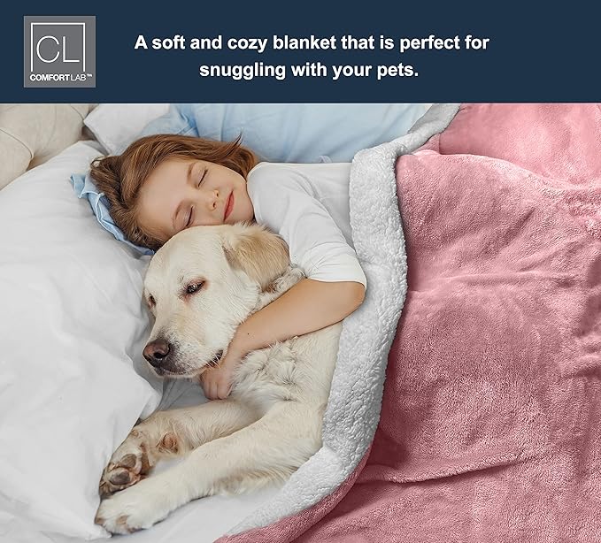 Comfort Lab Reversible Flannel Sherpa Throw Blanket - Elegant Fluffy Throw Blankets for Couch and Home Decor - Anti Pilling Non Shedding Cozy & Warm Fleece Throws - Kids/Pet (40" x 50") - Blush