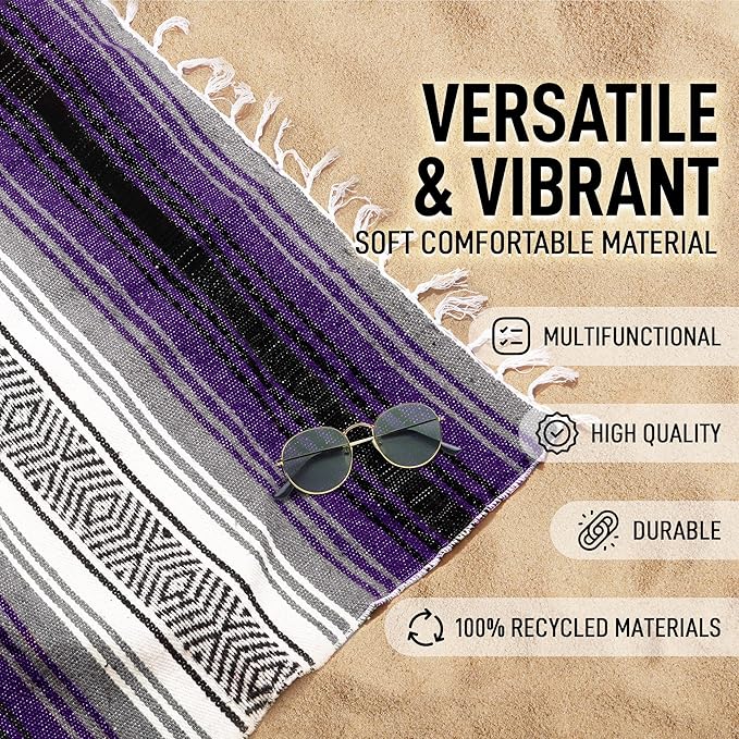 Hydration Nation Authentic Extra Large Mexican Blanket (70"x50") - Handwoven Yoga, Serape - Artisanal Falsa, Beach, Camping, Picnic, Outdoor (Purple)