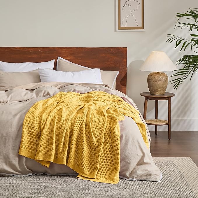 Bedsure Gentlesoft 100% Cotton Blanket Queen Size for Bed - Breathable and Soft, Waffle Weave Blanket for Summer, Thick Cozy Fall Blankets for Women Gift, Mustard Yellow, 90x90 Inches