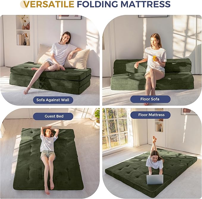 MAXYOYO Folding Mattress, 4 Inch Tufted Foldable Mattress Full Foam Bed, Tri-Fold Floor Couch with Handles Guest Bed Topper Portable Camping Mat with Corded Fabric, Queen Size, Dark Green