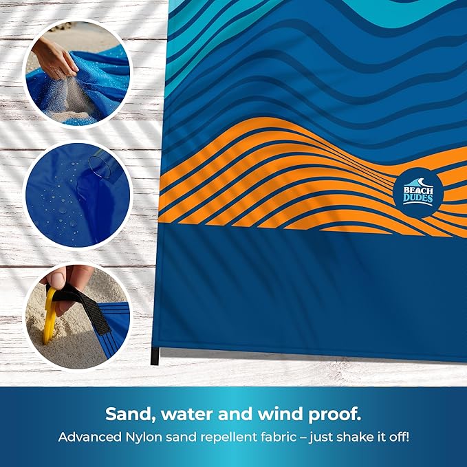 Sandproof Waterproof Beach Blanket Extra Large 108"x 84", Mat for Family, Quick Dry Ripstop Nylon Lightweight, Compact for Travel, Picnic, Camping w/ 4 Anchor Stakes and Carry Bag