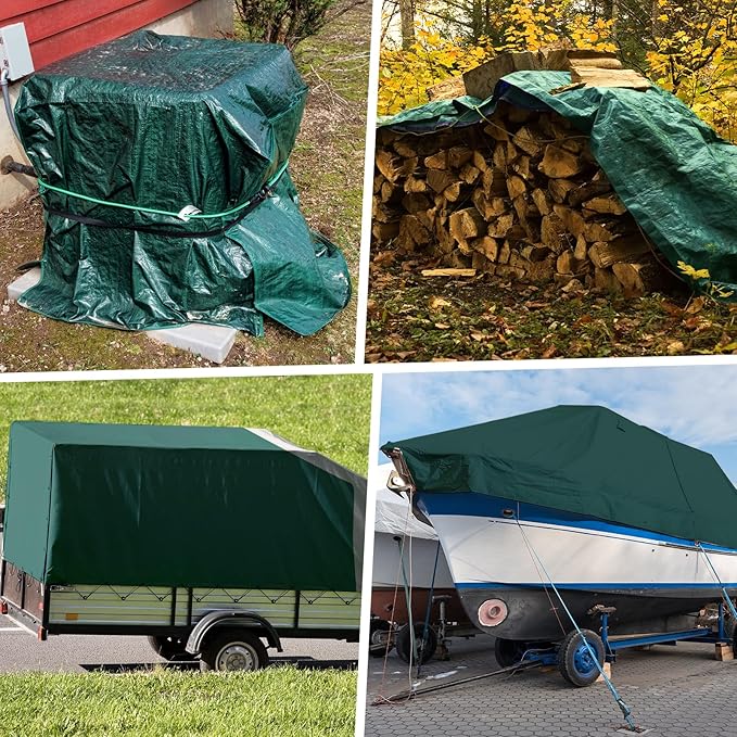Tarp 12x16 Feet 16 Mil Heavy Duty Waterproof Tarp, Large Multipurpose Cover with Brass Grommets and Reinforced Edges, UV Resistant Thick Poly Tarps for Outdoor Camping Tent Pool Car, Green