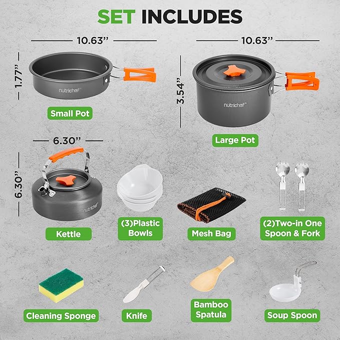 NutriChef Camping Cookware Set - Lightweight Nonstick Pots, Pans, Utensils, Bowls, Cutlery, and Cleaning Tools with Mesh Bag, Foldable Handles, Compact Outdoor Cooking Gear for Hiking & Travel (Grey)