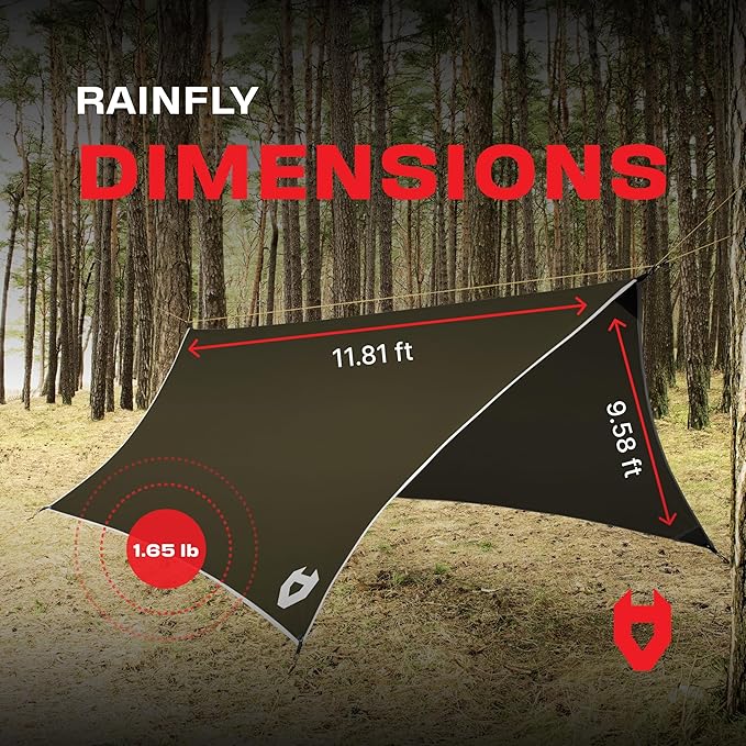 Rain Fly 12x10 Lightweight Survival Camping Tarp; 100% Waterproof; Makes a Great Backpacking Tarp or Hammock Shelter; Comes in Multiple Colors, Survival Bracelet Included; OD-Green
