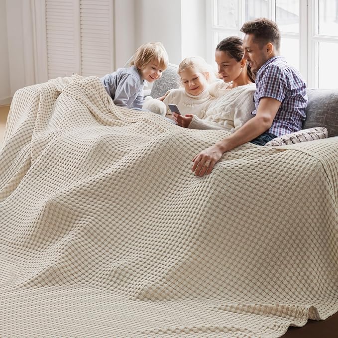 Bedsure Cooling Cotton Waffle Oversized King Blanket - Lightweight Breathable Blanket of Rayon Derived from Bamboo for Hot Sleepers, Light Beige, 120x96 Inches