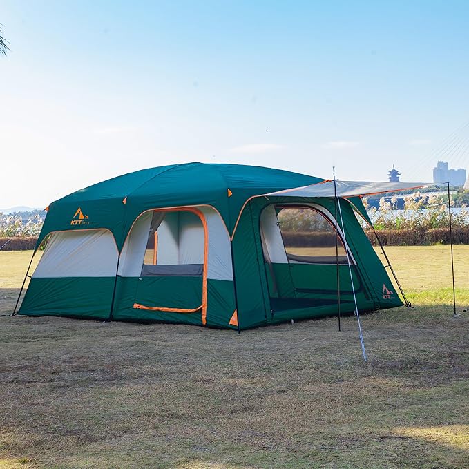 KTT Extra Large Tent 6-10-12-14 Person(Style-B),Family Cabin Tents,2 Rooms,3 Doors and 3 Windows with Mesh,Straight Wall,Waterproof,Double Layer,Big Tent for Outdoor,Picnic,Camping,Family Gathering
