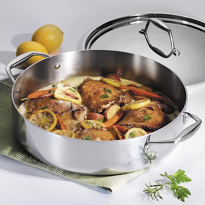 Tramontina Signature Tri-Ply Clad Stainless Steel 6-Quart Braiser Pan with Lid, Induction-Ready, Dishwasher-Safe, NSF-Certified, Made in Brazil