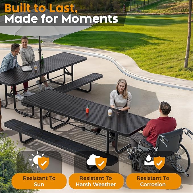 Metal Picnic Furniture for Outdoors with Umbrella Hole - Coated Steel Heavy Duty Commercial Grade Table with Adjustable Seats, Patio Set for a Lifetime (Black, 8' Rectangular, Punched Steel)