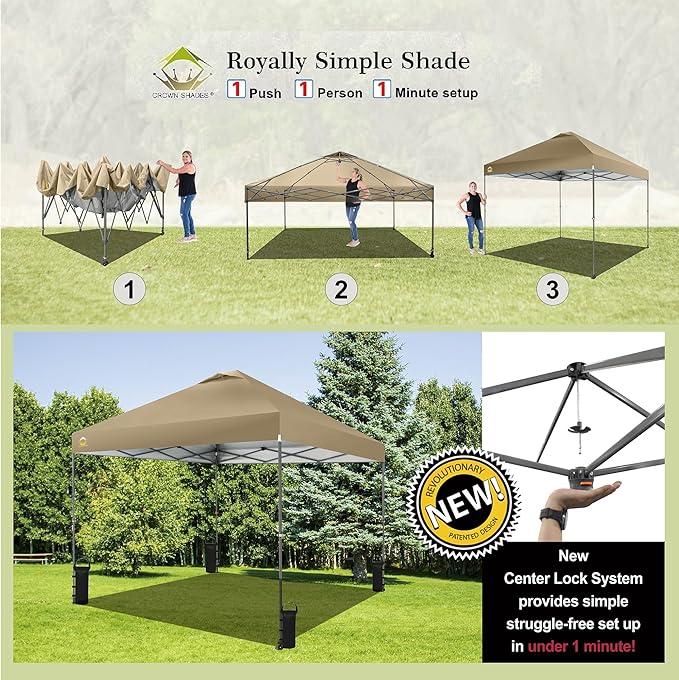 CROWN SHADES Adjustable Height on The Fly, 10x10 Pop Up Canopy - Beach Tent with One Push Setup - Easy Outdoor Sun Shade for Events, Parties, Camping - Outside Shade with STO-N-Go Bag, Khaki