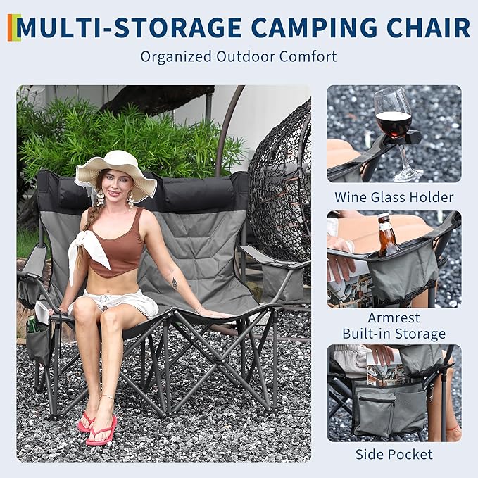 GAOMON Oversized Double Camping Chair with High Back, Pillow - Heavy Duty Folding Loveseat for 900lbs Capacity, Portable Support for Camping, Beach, Backyard
