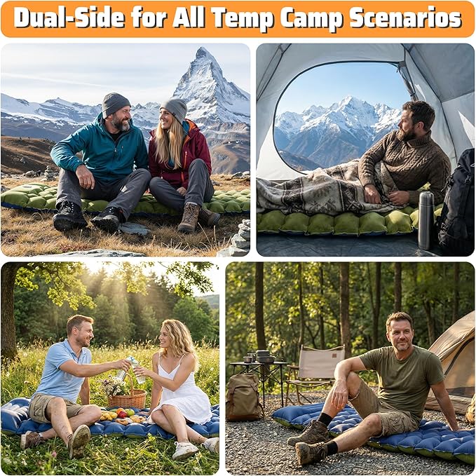4" Thick Double-Sided Camping Sleeping Pad | Warm Velvet Top, Waterproof Nylon Bottom | Inflatable Mattress for Backpacking & Cold Weather