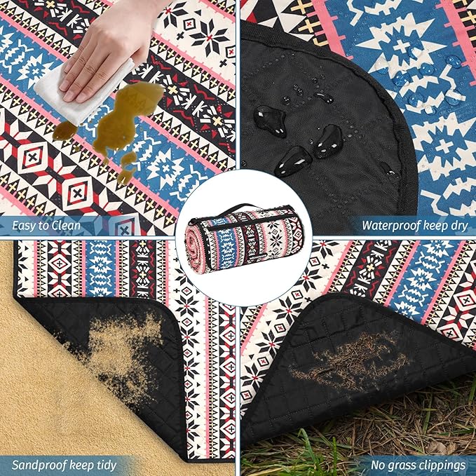 Picnic Blankets Extra Large Outdoor - Beach Blanket Waterproof Sandproof with Shoulder Strap, Machine Washable, Picnic Mat with Stakes for Grass Concert, Park.BohoPattern