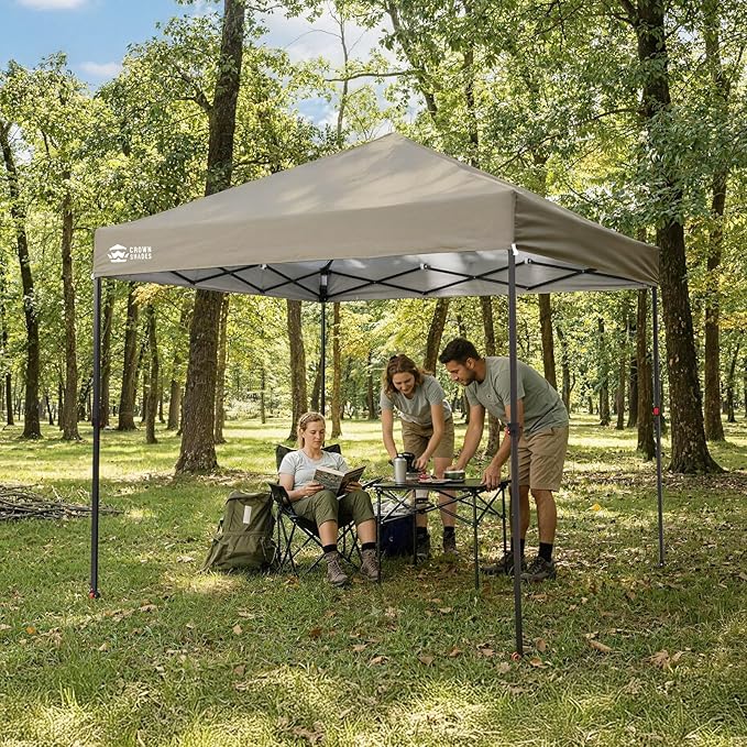 CROWN SHADES 8x8 Pop Up Canopy - Patented Center Lock One Push Instant Outdoor Canopy Beach Tent with STO-N-Go Bag 8 Stakes & 4 Sand Bags，Beige