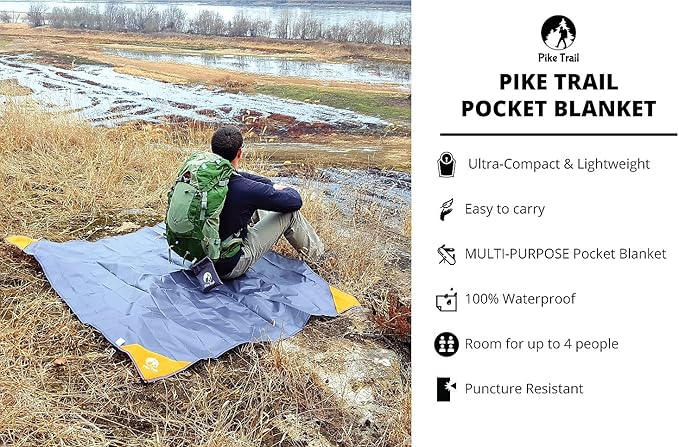 Pike Trail Pocket Beach Blanket (60 in X 56 in) – Lightweight, Sand Proof, Waterproof Picnic Blanket for Hiking, Camping, Picnics, Travel and Beach Trips
