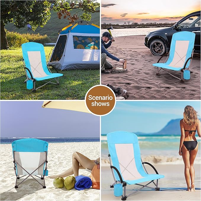 Beach Chairs Beach Chairs for Adults Folding Camping Chair with High Mesh Back w/Carry Bag and Cup Holder, Portable Lightweight for Outdoor, Beach, Camping, Picnic (1-Pack Blue)