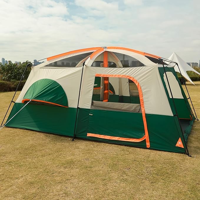 KTT Extra Large Tent 6-10-12-14 Person(B),Family Cabin Tents,2 Rooms,3 Doors and 3 Windows with Mesh,Straight Wall,Waterproof,Double Layer,Big Tent for Outdoor,Picnic,Camping,Family Gathering