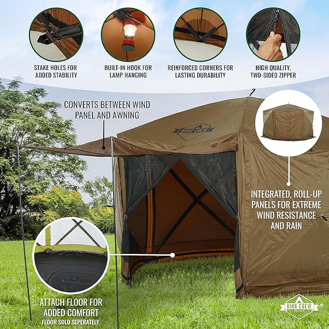 Hike Crew 12’x12’ Pop-Up Gazebo Screen Tent | 6-Sided Outdoor Canopy Shelter w/Built-in Zippered Wind Panels, Built-in Awning, Stakes, Ropes & Carry Bag for Camping & Sports | UV Resistant SPF 50+