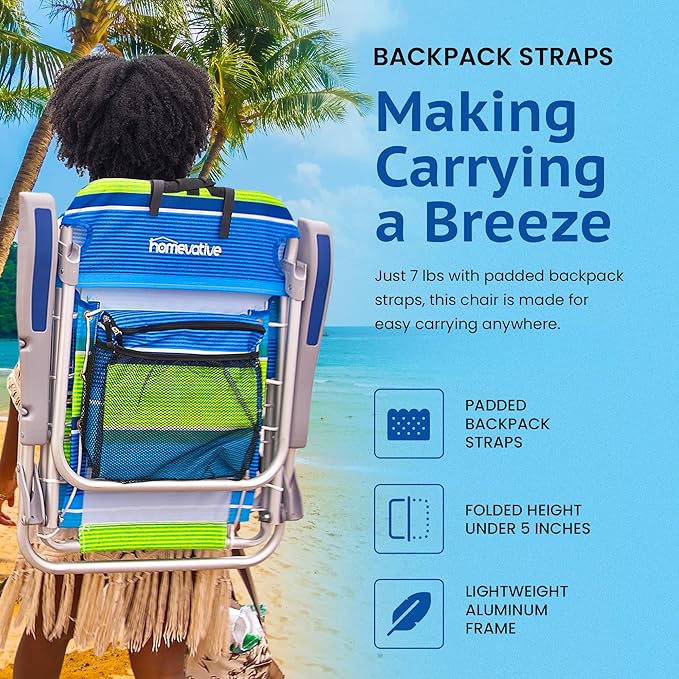 Homevative Cooler+ Folding Backpack Beach Chair with 5 Positions, Towel bar, XL Cooler Pouch, Storage Net, Cup and Phone Holder, Deep Sea, 2 Pack