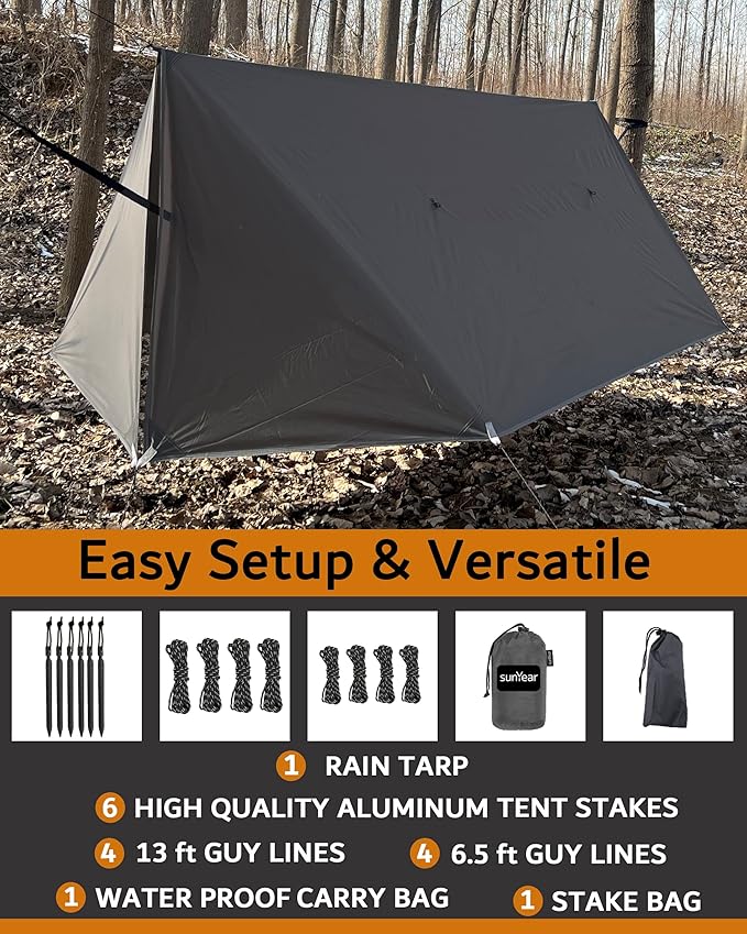 Sunyear Hammock Rain Fly Waterproof - Premium Hammock Tarp with Doors to Stay Warm and Dry in All Seasons | Portable and Lightweight Camp Rain Fly with All Installations Included | 11 Ft / 2lbs