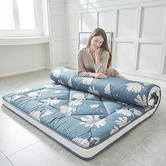 Japanese Twin Foldable & Portable Roll up Camping Mattress, Thicken Sleeping Mattress with Flower Pattern