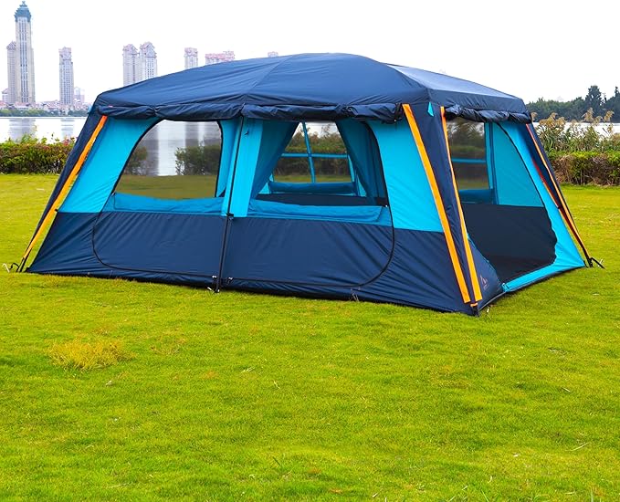 KTT Extra Large Tent 12 Person(A),Awning Family Cabin Tents,2 Rooms,4 Doors and 4 Windows with Mesh,Straight Wall,Waterproof,Double Layer,Big Tent for Outdoor,Picnic,Camping,Family Gathering。
