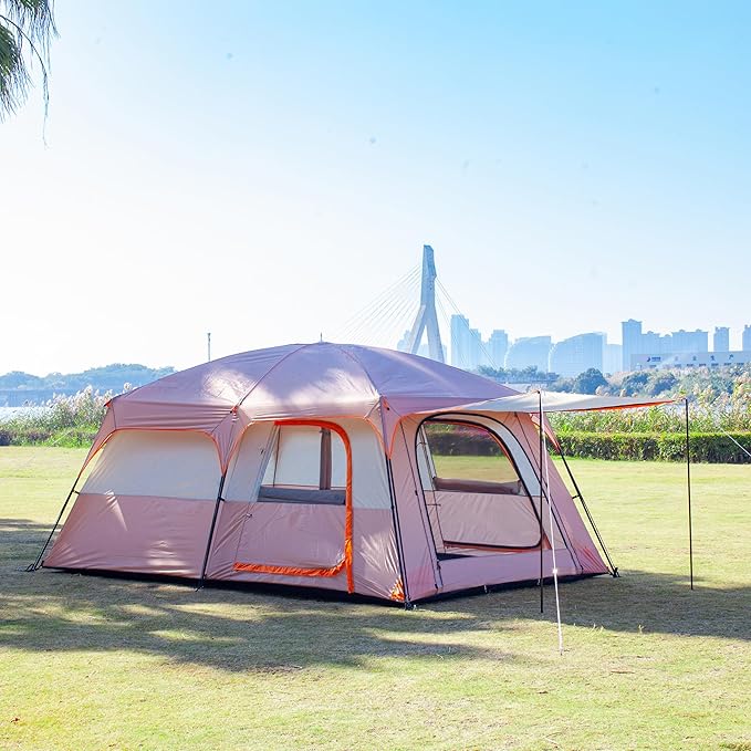 KTT Extra Large Tent 6-10-12-14 Person(Style-B),Family Cabin Tents,2 Rooms,3 Doors and 3 Windows with Mesh,Straight Wall,Waterproof,Double Layer,Big Tent for Outdoor,Picnic,Camping,Family Gathering
