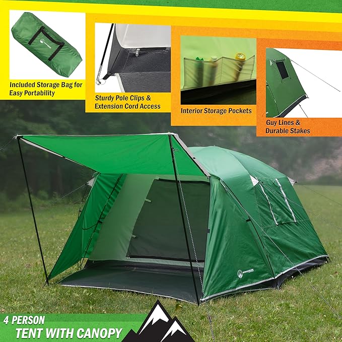 Camping Tent - Water-Resistant Cabin Style Outdoor Shelter with Built-in Screen Tent and Carrying Bag by Wakeman Outdoors