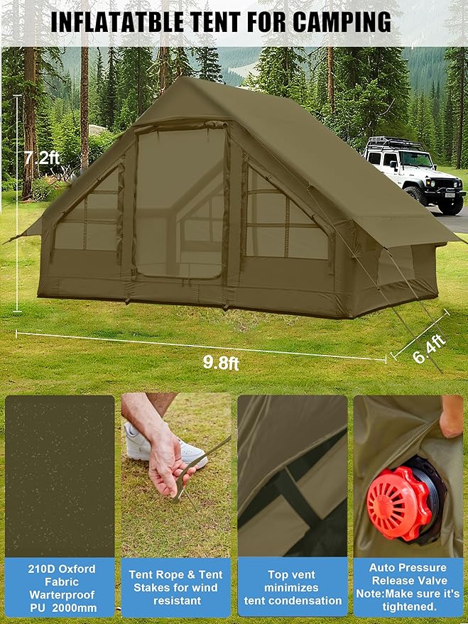 Inflatable Tents with Hand Pump Hot Tent with Stove Jack Easy Blow Up Glamping Tent with Mesh Windows, 4-6 Person Instant Family Camping Tents Waterproof for 4 Seasons