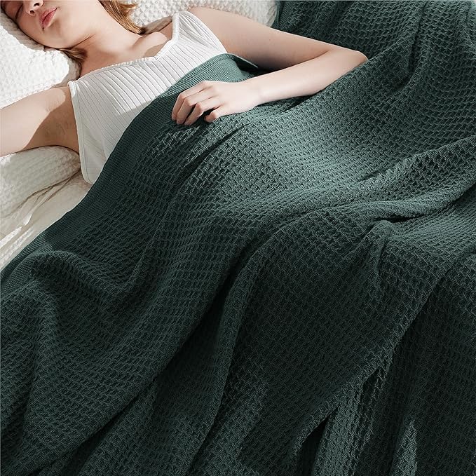 Bedsure Gentlesoft 100% Cotton Blanket Twin XL Size for College Dorm - Breathable and Soft, Waffle Weave Twin Blanket for Summer, Dorm Room Essentials, Dark Green, 66x90 inches
