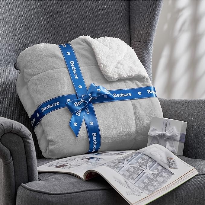 Bedsure GentleSoft Sherpa Fleece Blankets Queen Size for Bed - Thick and Warm, Soft Fuzzy Plush Queen Blanket for Winter, Light Grey, 90x90 Inches