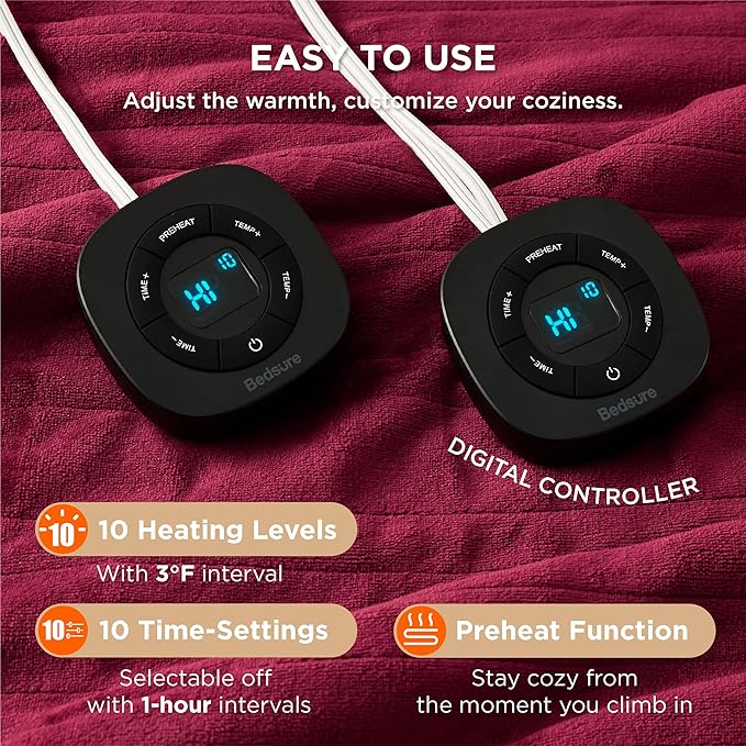 Bedsure Electric Blanket King Size - Dual Control Heated Blanket King Size, Fast Heating with 10 Time Settings & 10 Heat Settings, Warm Gift for Grandma (100x90 inches, Burgundy)