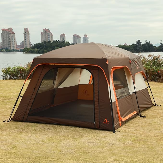 KTT Extra Large Tent 6-10-12-14 Person(Style-B),Family Cabin Tents,2 Rooms,3 Doors and 3 Windows with Mesh,Straight Wall,Waterproof,Double Layer,Big Tent for Outdoor,Picnic,Camping,Family Gathering