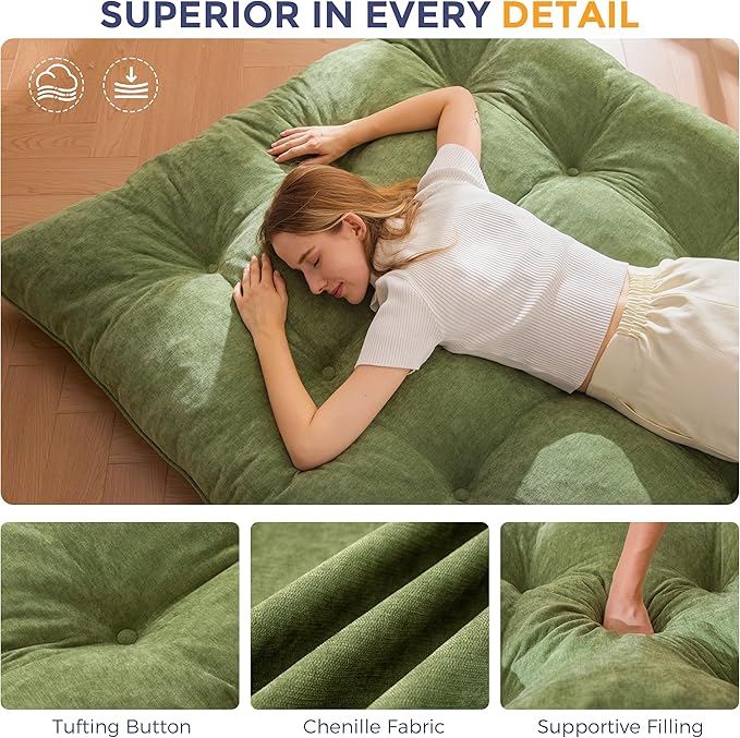 MAXYOYO Floor Mattress Full Size, 6" Chenille Japanese Futon Mattress Foldable Floor Bed for Adults Tufted Roll Up Floor Couch Bed, Tatami Mat Sleeping Pad for Living Room, Bedroom, Green