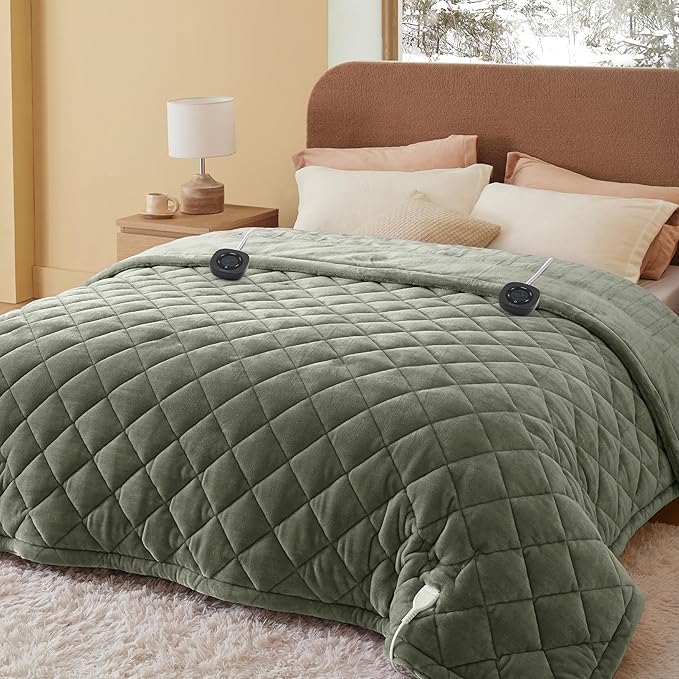 Bedsure Electric Blanket Queen Size - Dual Control Heated Weighted Blanket Queen with 10 Heat Settings, Fast Heating with 10 Time Settings (84x90 inches, Olive Green)
