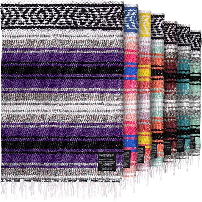Hydration Nation Authentic Extra Large Mexican Blanket (70"x50") - Handwoven Yoga, Serape - Artisanal Falsa, Beach, Camping, Picnic, Outdoor (Purple)